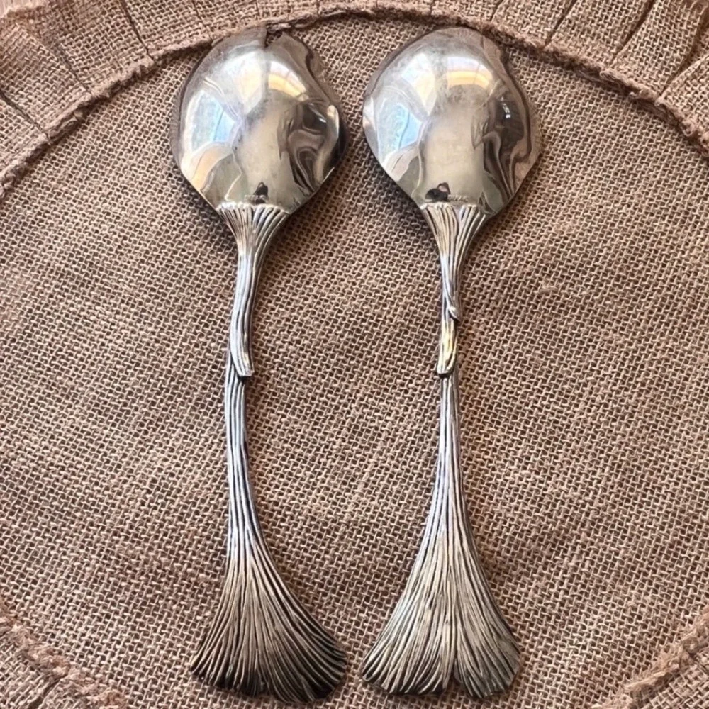 Silea Silver Plated Ginkgo Leaf Salad Servers Set 2 Piece Botanical Design